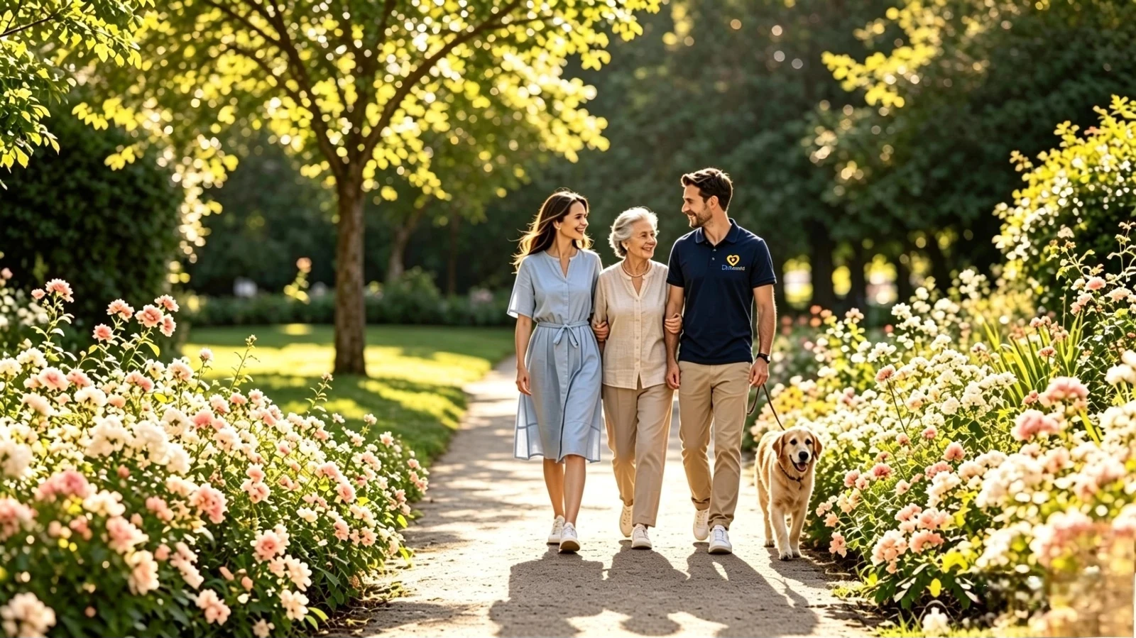 A DayFriend companion walking through a park with a family and their dog