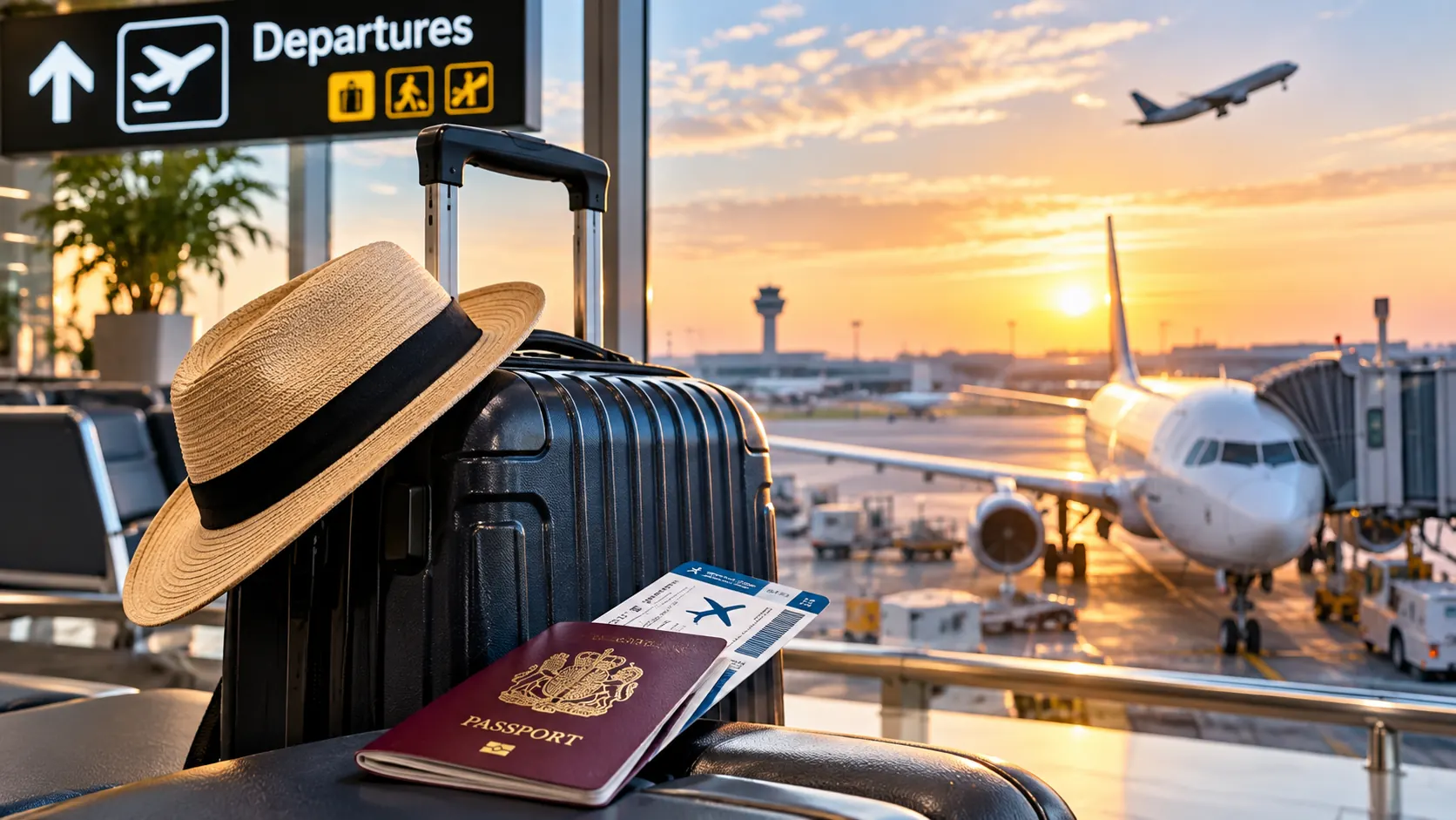 Suitcase, sun hat, passport and boarding pass in an airport departures lounge, with a plane at the gate at sunrise