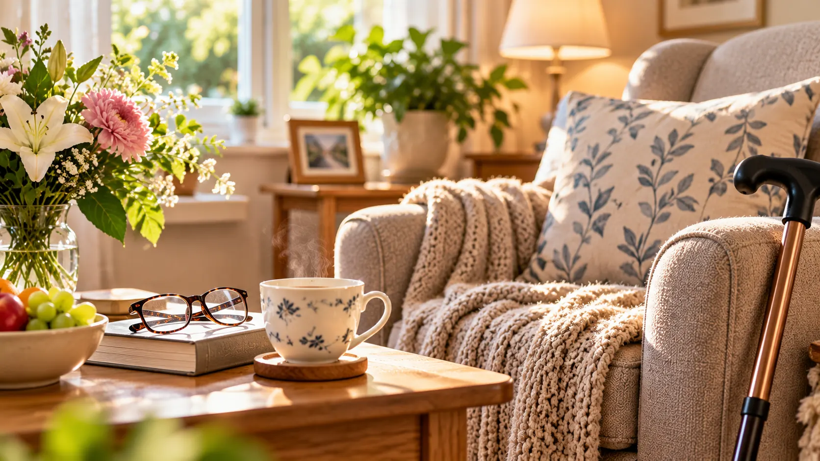 Sunlit living room with an armchair, knitted throw, cup of tea, reading glasses and a walking stick, ready for an older person's companion visit