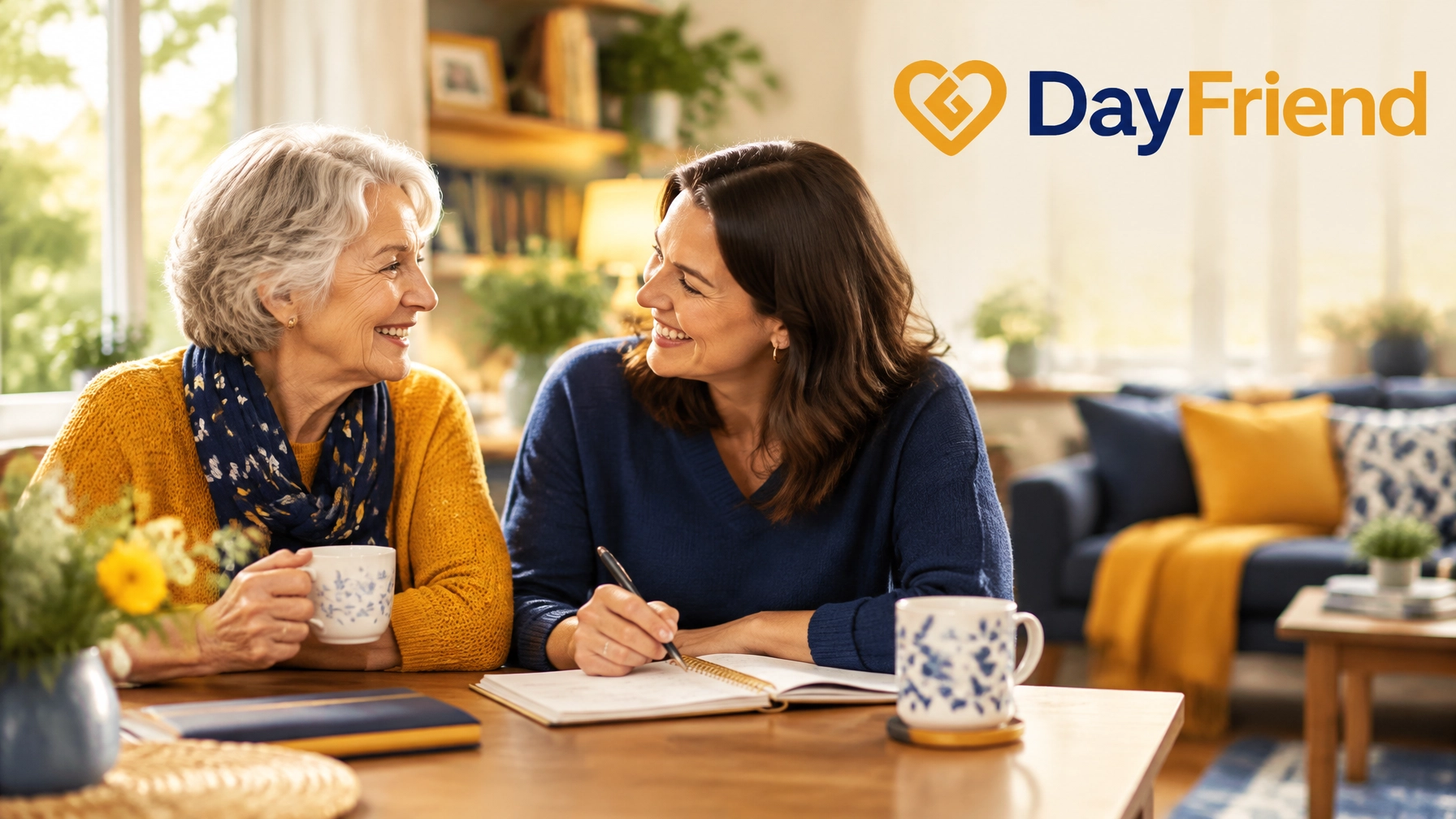 Older person and companion talking together at home in warm natural daylight